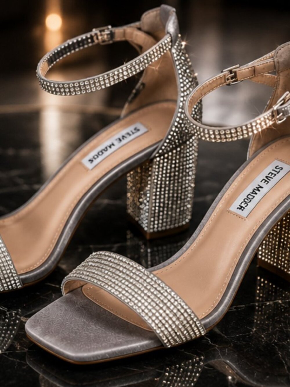 Steve Madden Rhinestone Block Heel Sandals for Women Sparkly Dress Heels Size 10